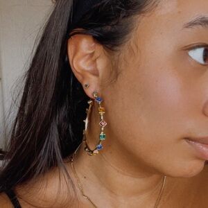 Gold Multi-Color Gemstone Hoop Earrings